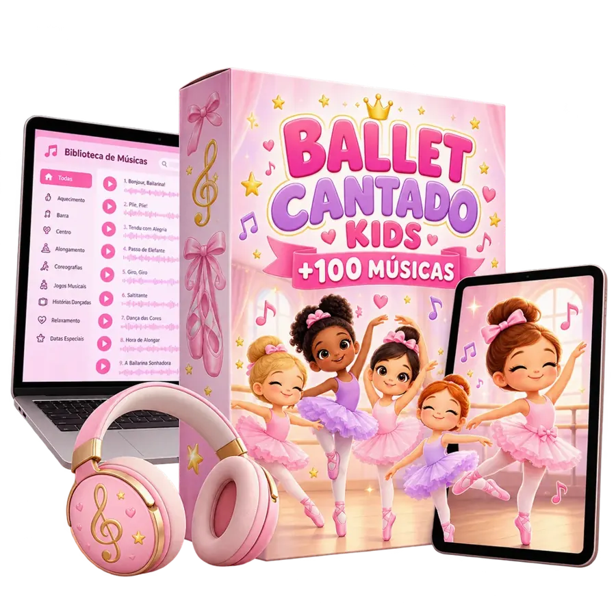 Mockup ilustrativo do Ballet Cantado Kids com caixa digital, notebook e tablet