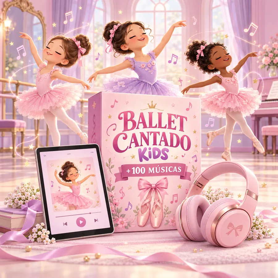 Arte ilustrada do Ballet Cantado Kids com mockup, fones e bailarinas dançando